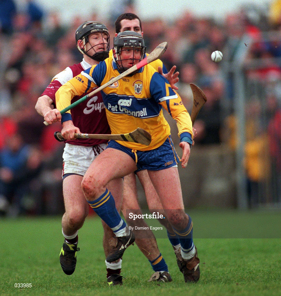 27 February 2000; Conor Clancy of Clare in action against Noel Larkin of Galway during the Allianz National Hurling League Division 1A Round 2 match between Clare and Galway at Hennessy Park in Miltown Malbay, Clare. Photo by Damien Eagers/Sportsfile