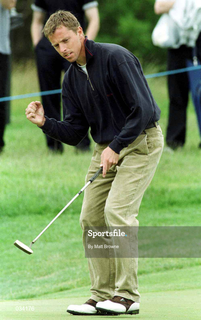 2 July 1999; Soren Hansen celebrates his eagle putt on the 16th green during day two of the Murphy's Irish Open at Druids Glen in Wicklow. Photo by Matt Browne/Sportsfile