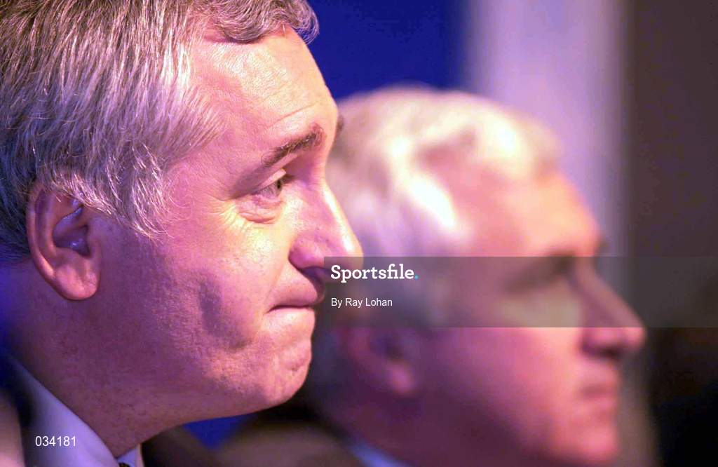26 January 2000; An Taoiseach Bertie Ahern TD, left, with Minister for Sport Tourism and Recreation, Dr. Jim McDaid TD at the announcement that the government is to proceed immediately with plans to build a 'Campus of Sporting Excellence' to be called Sports Campus Ireland which will have as its centrepiece an 80,000 all seated National Stadium capable of accomodating all field sports. Government Buildings in Dublin. Photo by Ray Lohan/Sportsfile