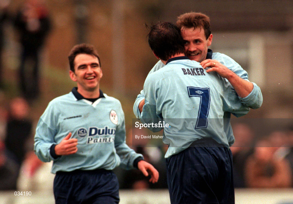 5 December 1999; Stephen Geoghegan of Shelbourne, right, celebrates scoring his second goal with team-mates Dessie Baker, 7 and Pat Fenlon during the Eircom League Premier Division match between Cork City and Shelbourne at Turners Cross in Cork. Photo by David Maher/Sportsfile