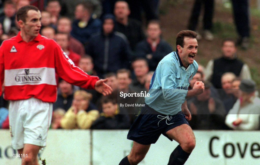 5 December 1999; Stephen Geoghegan of Shelbourne celebrates scoring his second goal during the Eircom League Premier Division match between Cork City and Shelbourne at Turners Cross in Cork. Photo by David Maher/Sportsfile