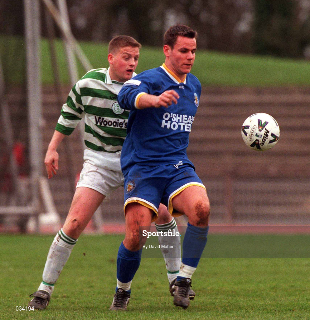 27 February 2000; Stephen Grant of Waterford United in action against Richie Purdy of Shamrock Rovers during the Eircom League Premier Division match between Shamrock Rovers and Waterford United at Morton Stadium in Dublin. Photo by David Maher/Sportsfile