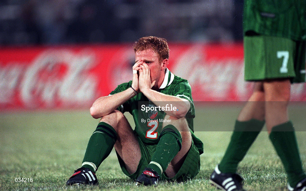 14 April 1999; Thomas Heary of Republic of Ireland reacts after missing a penalty in the penalty shoot-out during the 1999 FIFA World Youth Championship Round of 16 match between Nigeria and Republic of Ireland at Sani Abacha Stadium in Kano, Nigeria. Photo by David Maher/Sportsfile