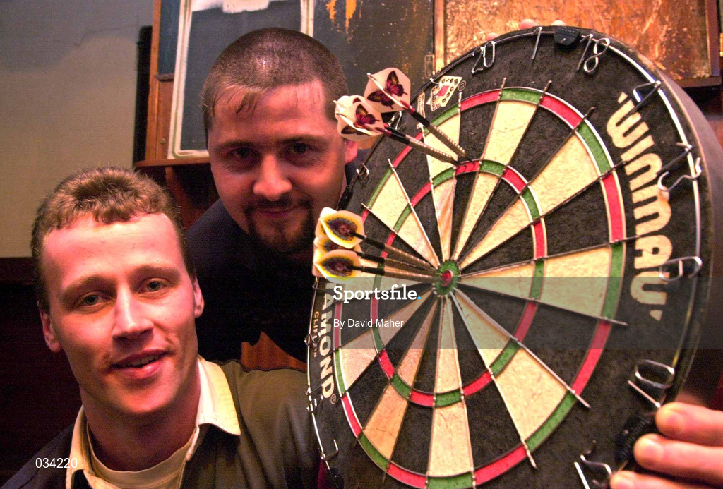 3 February 2000; Barney Thorton, left, and Vincent Rattigan from Meath, hits the bulleye after winning   the doubles title of the South Meath Darts Championship. Photo by David Maher/Sportsfile