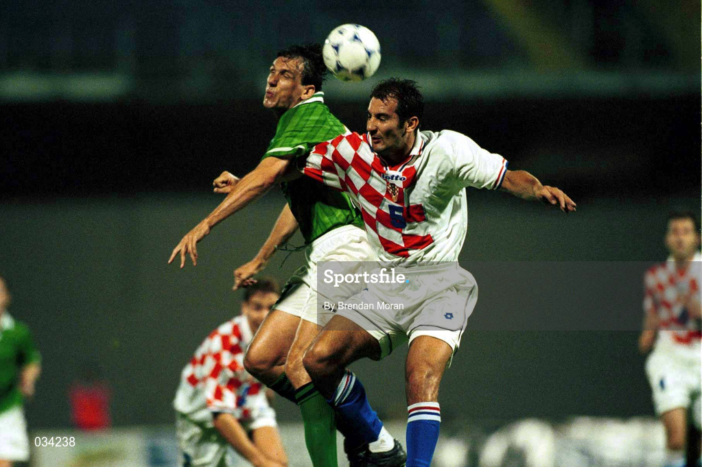 4 September 1999; Tony Casacarino of Republic of Ireland in action against Igor Stimac of Croatia during the UEFA European Championships Qualifying Group 8 match between Croatia and Republic of Ireland at Maksimir Stadium in Zagreb, Croatia. Photo by Brendan Moran/Sportsfile