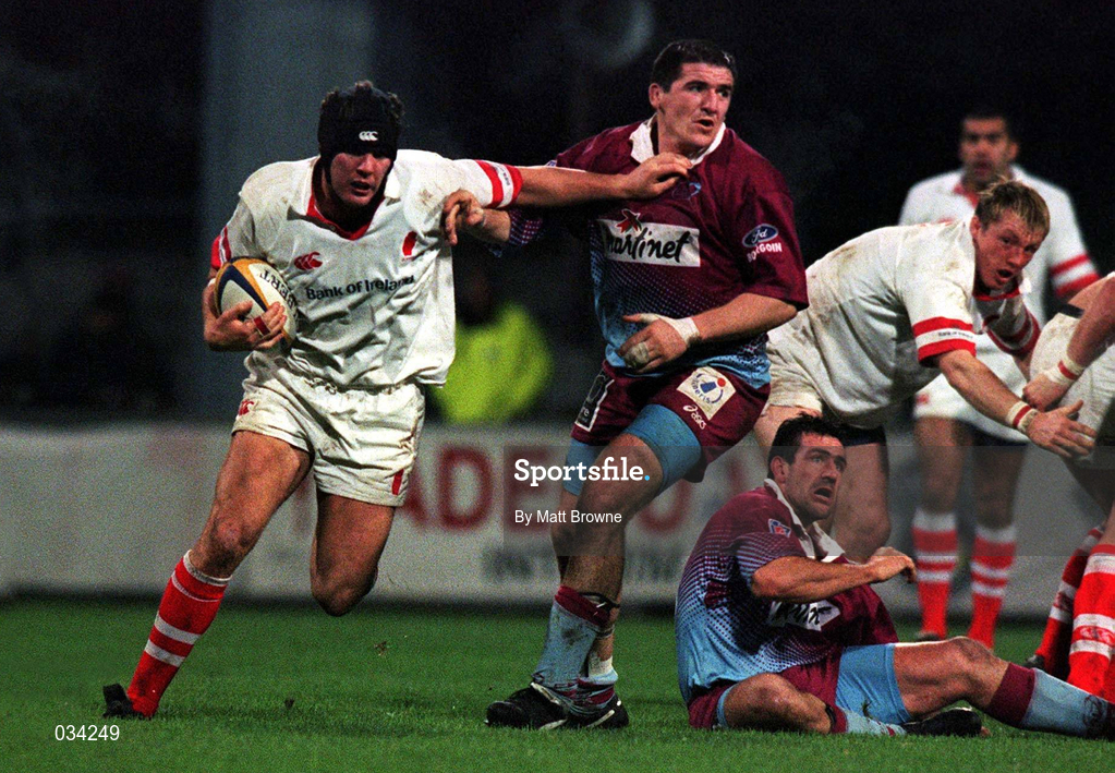 20 November 1999; Tony McWhirter of Ulster in action against Pierre Pascli of Bourgoin during the Heineken Cup Pool 3 Round 1 match between Bourgoin and Ulster at Stade Pierre Rajon in Bourgoin, France. Photo by Matt Browne/Sportsfile