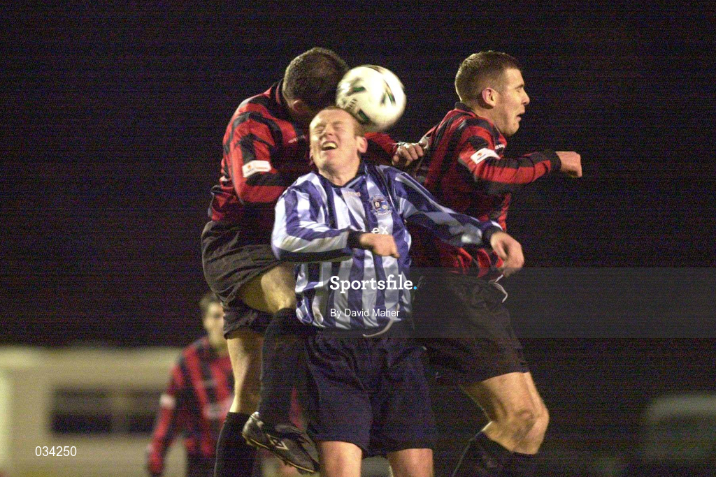 3 February 2000; Tony O'Connor and Stephen Caffrey of Bohemians in action against Robert Kelly of St Mochta's during the FAI Harp Lager Cup Quarter-Final match between Bohemians and St Mochta's at Dalymount Park in Dublin. Photo by David Maher/Sportsfile