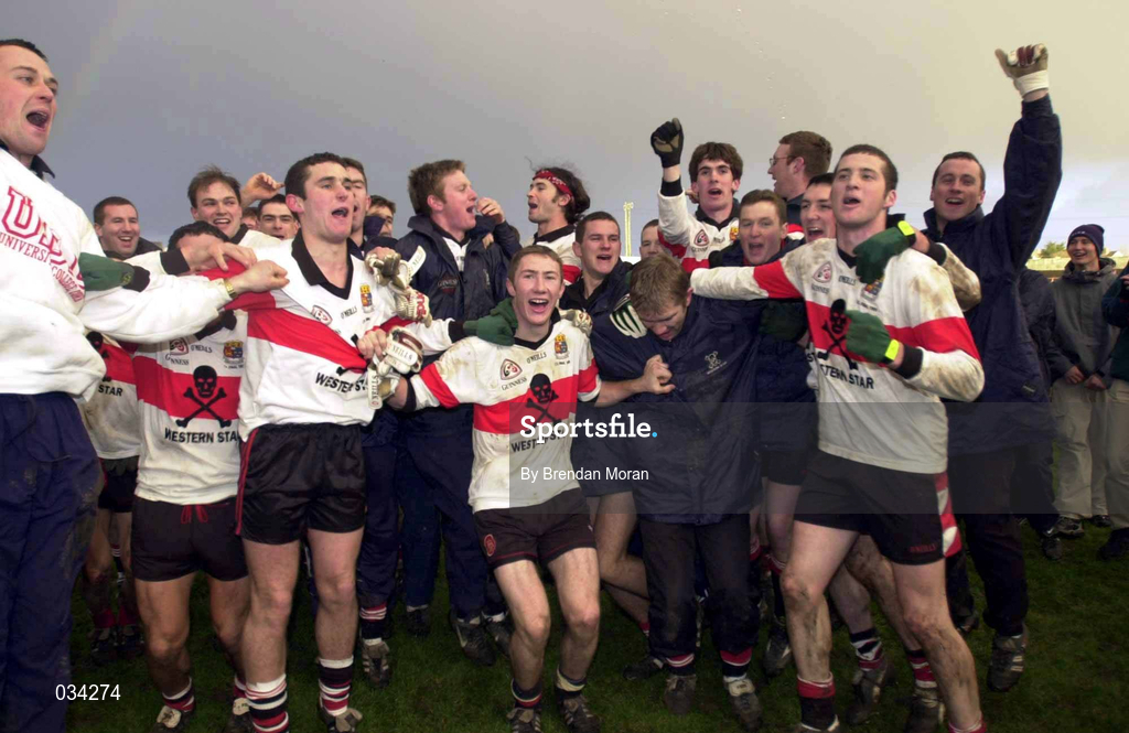 12 December 1999; UCC players celebrate after the AIB Munster Senior Club Football Championship Final match between UCC and Doonbeg at the Gaelic Grounds in Limerick. Photo by Brendan Moran/Sportsfile