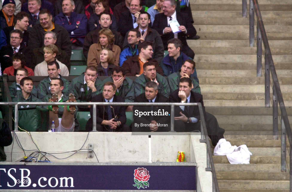5 February 2000; The Ireland management, from right, Donal Lenihan, Warren Gatland and Eddie O'Sullivan look on during the Lloyds TSB 6 Nations match between England and Ireland at Twickenham Stadium in London, England. Photo by Brendan Moran/Sportsfile