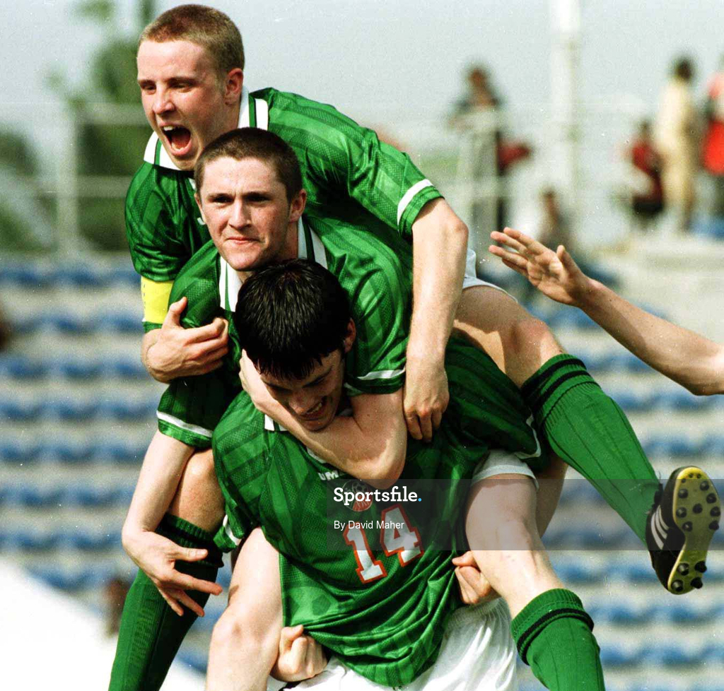 10 April 1999; Richard Sadlier of Republic of Ireland, 14, celebrates scoring his side's first goal with team-mates Robbie Keane, centre, and Barry Quinn during the 1999 FIFA World Youth Championship Group C Round 3 match between Australia and Republic of Ireland at the Liberty Stadium in Ibadan, Nigeria. Photo by David Maher/Sportsfile