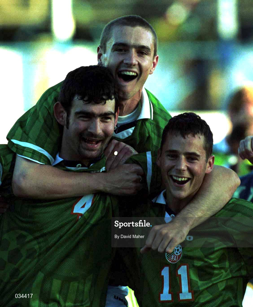 25 July 1999; Republic of Ireland players, from left, Richie Partridge, Jason Gavin, and Colin Healy celebrate after the 1999 UEFA European Under 18 Championship Third Place Play-Off match between Greece and Republic of Ireland at Folkungavallen Stadium in Linkoping, Sweden. Photo by David Maher/Sportsfile