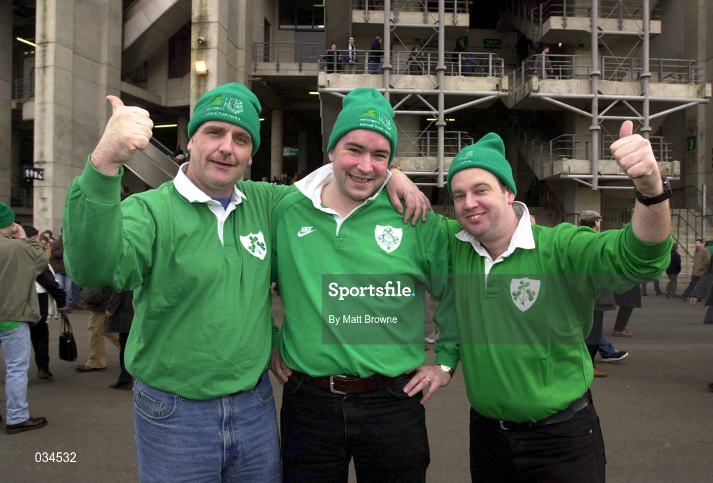 5 February 2000; Ireland fans from left, Kevin Foley, Bob Fox and David Farmer, all from Dublin, before the Lloyds TSB 6 Nations match between England and Ireland at Twickenham Stadium in London, England. Photo by Matt Browne/Sportsfile