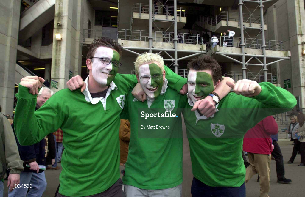 5 February 2000; Ireland fans, from left, Patrick Kerr, Gareth Graham and Mike Cottell all from Belfast, before the Lloyds TSB 6 Nations match between England and Ireland at Twickenham Stadium in London, England. Photo by Matt Browne/Sportsfile