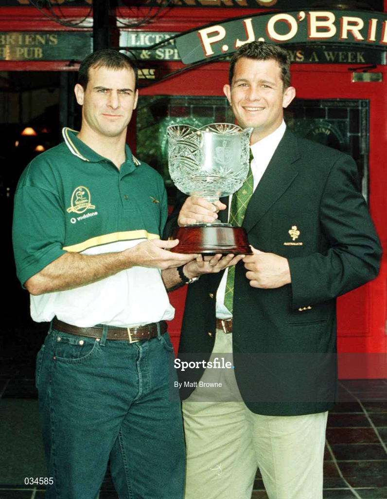 10 June 1999; Ireland captain Dion O'Cuinneagain with Australian captain David Wilson at the launch of the Lansdowne Cup at PJ O'Brien's Irish Pub in Brisbane, Queensland, Australia. Photo by Matt Browne/Sportsfile