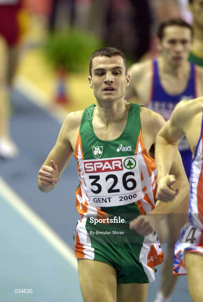 25 February 2000; James Nolan of Ireland on his way to qualifying for the Final of the Men's 1500m during the European Indoor Athletics Championships at Flanders Sports Arena in Ghent, Belgium. Photo by Brendan Moran/Sportsfile
