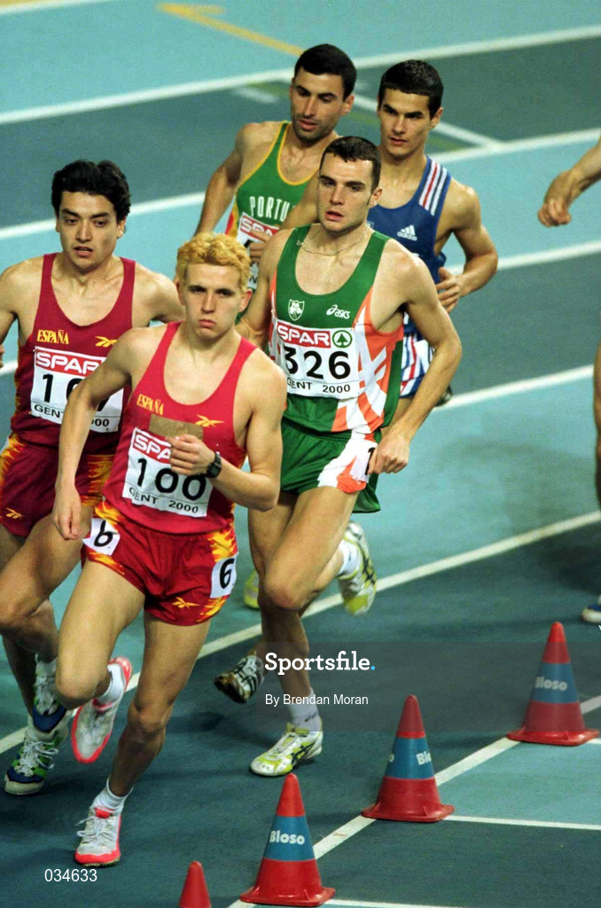 26 February 2000; James Nolan, 326, takes the inside line during the Men's 1500m Final during the European Indoor Athletics Championships at Flanders Sports Arena in Ghent, Belgium. Photo by Brendan Moran/Sportsfile