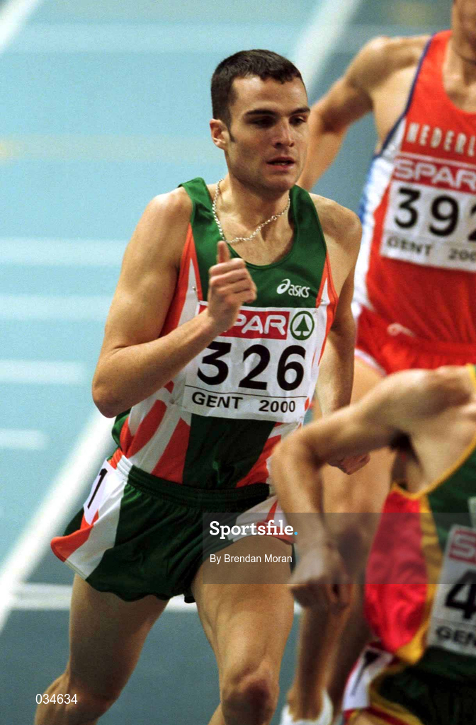 26 February 2000; James Nolan of Ireland during the Men's 1500m Final during the European Indoor Athletics Championships at Flanders Sports Arena in Ghent, Belgium. Photo by Brendan Moran/Sportsfile