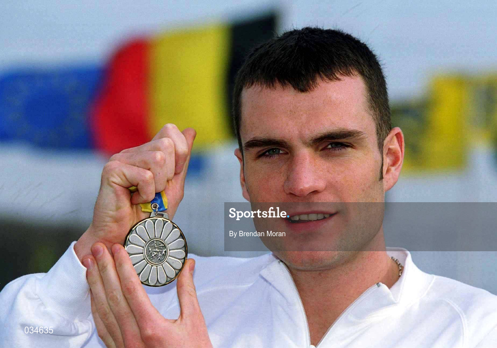 27 February 2000; James Nolan of Ireland with the silver medal he won in the Men's 1500m Final on Saturday evening during the European Indoor Athletics Championships at Flanders Sports Arena in Ghent, Belguim. Photo by Brendan Moran/Sportsfile