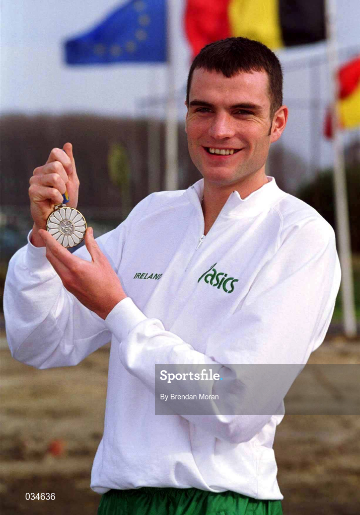 27 February 2000; James Nolan of Ireland with the silver medal he won in the Men's 1500m Final on Saturday evening during the European Indoor Athletics Championships at Flanders Sports Arena in Ghent, Belguim. Photo by Brendan Moran/Sportsfile