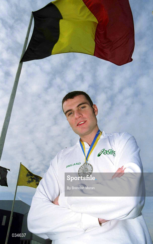 27 February 2000; James Nolan of Ireland with the silver medal he won in the Men's 1500m Final on Saturday evening during the European Indoor Athletics Championships at Flanders Sports Arena in Ghent, Belguim. Photo by Brendan Moran/Sportsfile