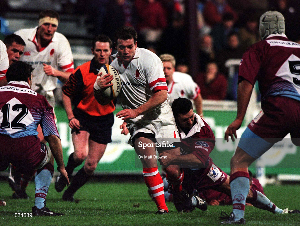 20 November 1999; James Topping of Ulster in action against Jean Daude of Bourgoin during the Heineken Cup Pool 3 Round 1 match between Bourgoin and Ulster at Stade Pierre Rajon in Bourgoin, France. Photo by Matt Browne/Sportsfile