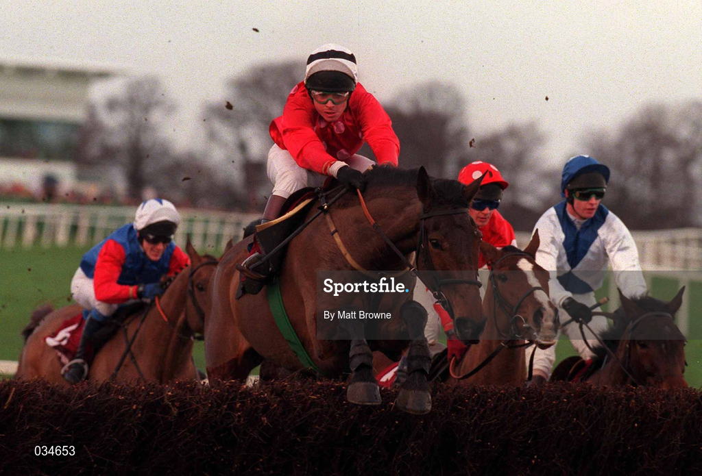 8 February 2000; Bob Treacy, with Jason Titley up, clears the last to come second in The Hennessy Cognac Gold Cup at Leopardstown Racecourse in Dublin. Photo by Matt Browne/Sportsfile
