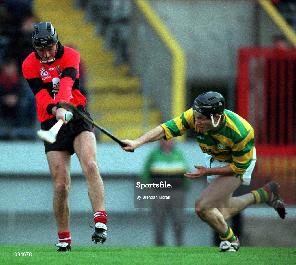 31 October 1999; John Kingston of UCC is blocked bown by John Browne of Blackrock during the Cork County Senior Club Hurling Championship Final match between Blackrock and UCC at Páirc Uí Chaoimh in Cork. Photo by Brendan Moran/Sportsfile