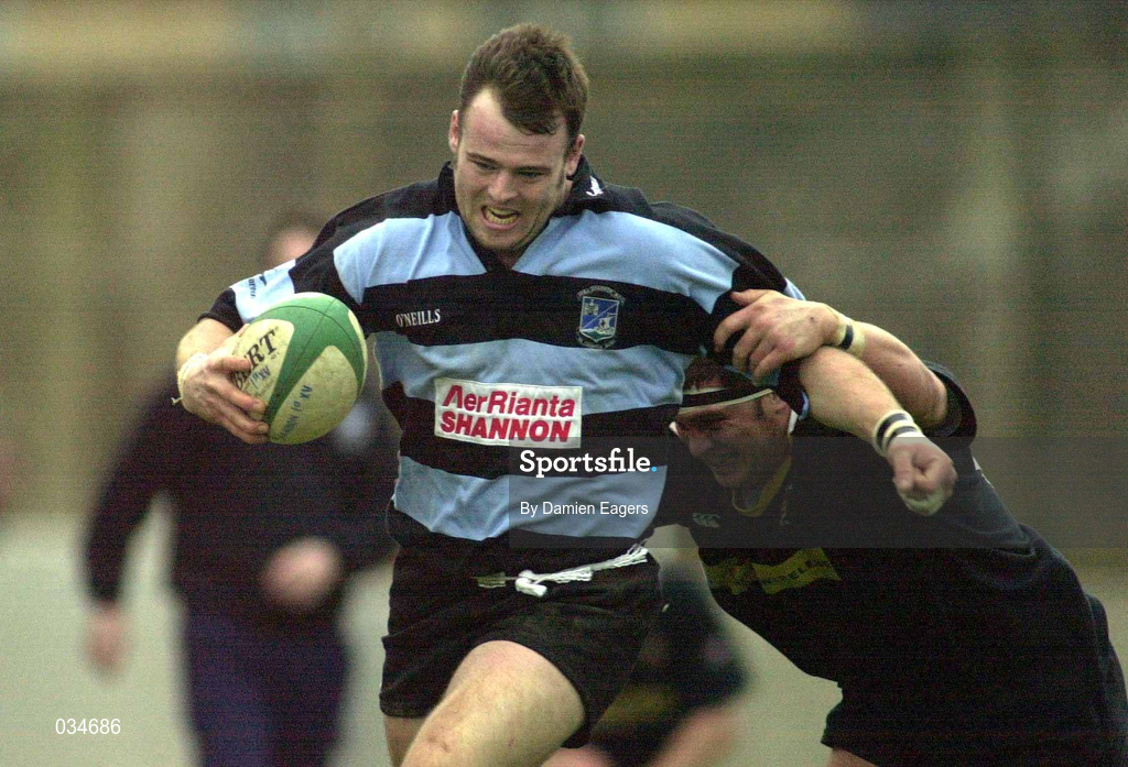 26 February 2000; John O'Neill of Shannon is tackled by Johnnie Wells of Ballymena during the AIB Rugby League Division 1 match between Shannon and Ballymena at Thomond Park in Limerick. Photo by Damien Eagers/Sportsfile