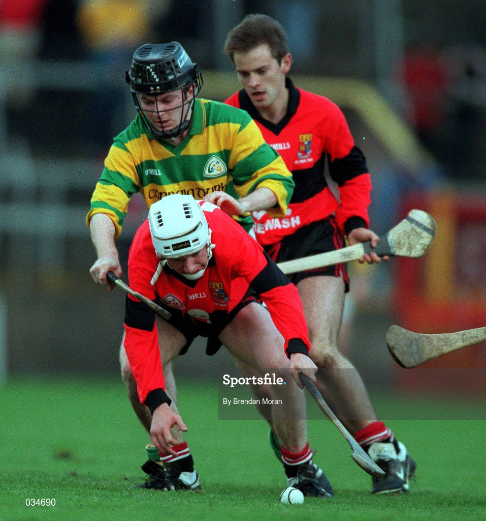 31 October 1999; Johnny Enright of UCC attempts to gather the ball ahead of Adrian Coughlan of Blackrock during the Cork County Senior Club Hurling Championship Final match between Blackrock and UCC at Páirc Uí Chaoimh in Cork. Photo by Brendan Moran/Sportsfile