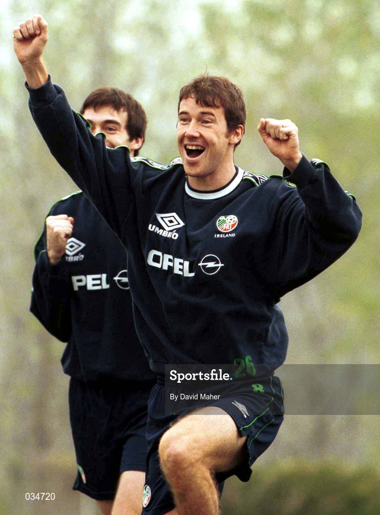 16 November 1999; Kenny Cunningham celebrates a score during a head tennis game during a Republic of Ireland training session at Veledrom Stadium in Bursa, Turkey. Photo by David Maher/Sportsfile *** Local Caption ***