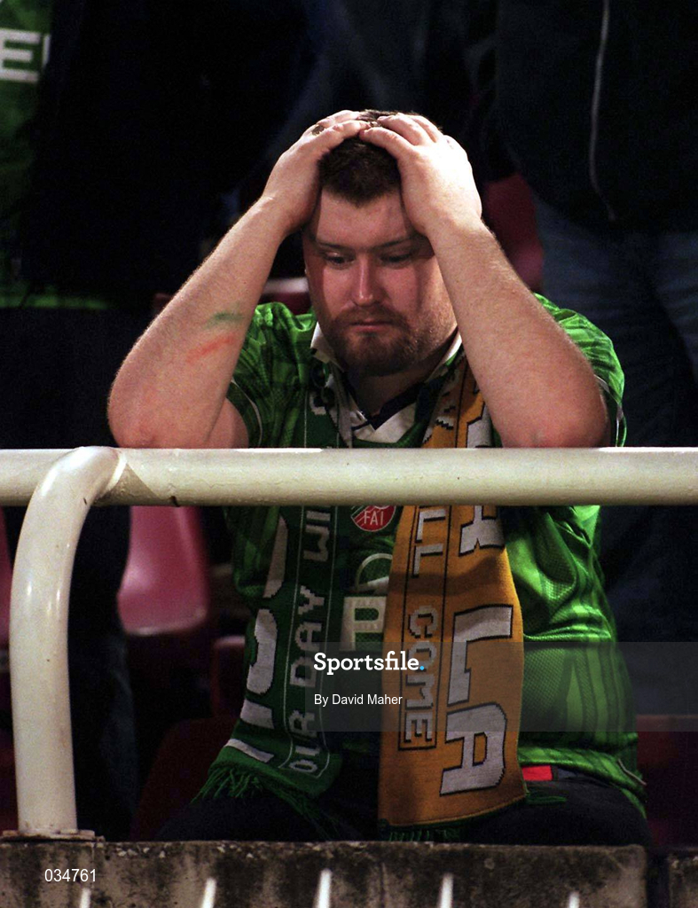 9 October 1999; Republic of Ireland supporter Jackie Kiernan reacts after the UEFA European Championships Qualifier match between FYR Macedonia v Republic of Ireland at the City Stadium in Skopje, Macedonia. Photo by David Maher/Sportsfile