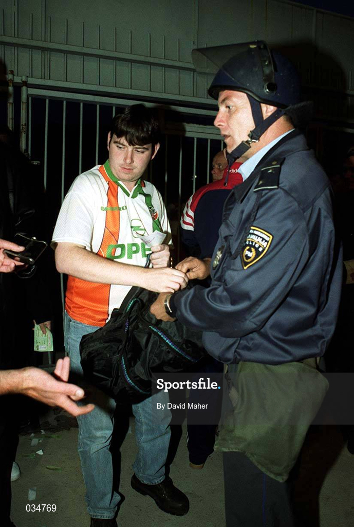 9 October 1999; Republic of Ireland supporters have their bags checked on their way into the stadium before the UEFA European Championships Qualifier match between FYR Macedonia v Republic of Ireland at the City Stadium in Skopje, Macedonia. Photo by David Maher/Sportsfile