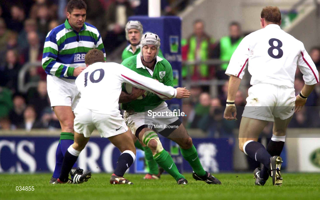 5 February 2000; Mike Mullins of Ireland is tackled by Jonny Wilkinson of England during the Lloyds TSB 6 Nations match between England and Ireland at Twickenham Stadium in London, England. Photo by Matt Browne/Sportsfile