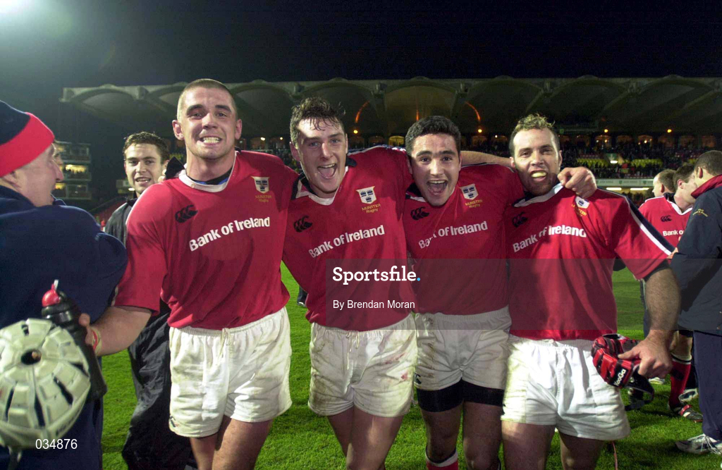 28 November 1999; Munster players from left, Alan Quinlan, David Wallace, Jeremy Staunton and Mike Mullins celebrate after the Heineken Cup Pool 4 match at Vicarage Road in Watford, London. Photo by Brendan Moran/Sportsfile