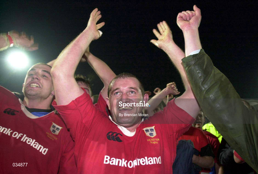 28 November 1999; Munster players Alan Quinlan, left, and Peter Clohessy celebrate after the Heineken Cup Pool 4 match at Vicarage Road in Watford, London. Photo by Brendan Moran/Sportsfile