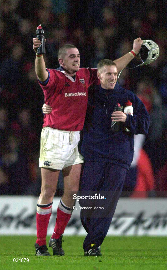 28 November 1999; Alan Quinlan of Munster and Munster fitness coach Fergal O'Callaghan celebrate after the Heineken Cup Pool 4 match at Vicarage Road in Watford, London. Photo by Brendan Moran/Sportsfile