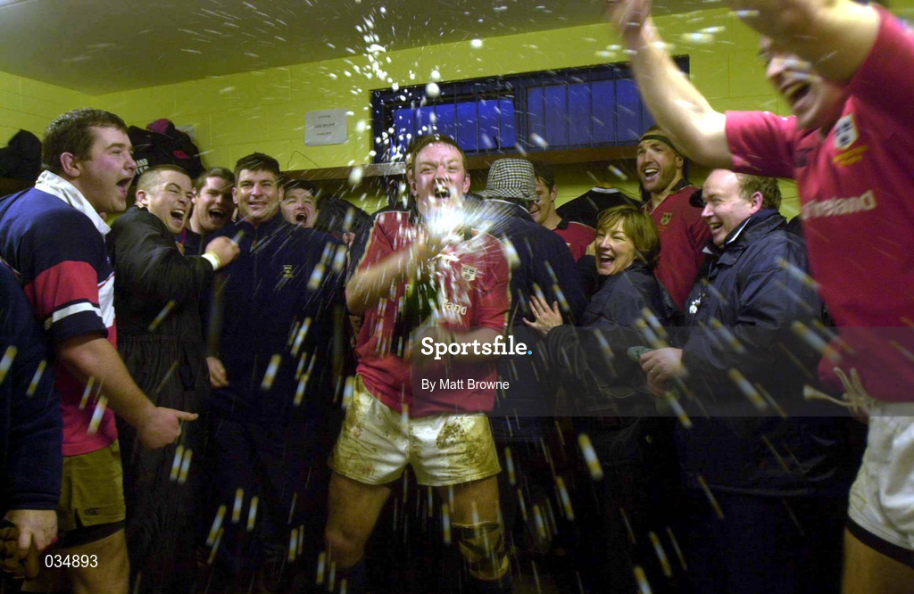 8 January 2000; Munster captain Mick Galwey celebrates with champagne in the dressing room after the Heineken Cup Pool 4 Round 5 match between Munster and Saracens at Thomond Park in Limerick. Photo by Matt Browne/Sportsfile