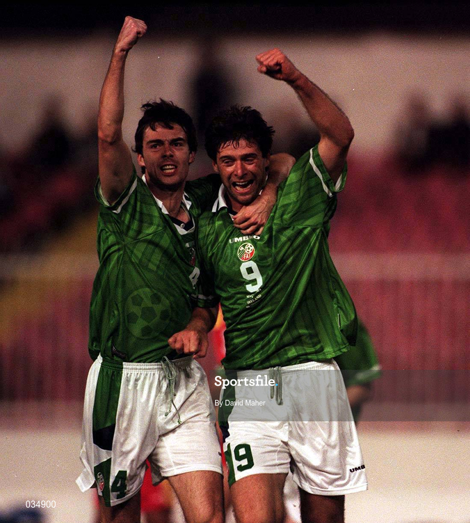 9 October 1999; Niall Quinn of Republic of Ireland, 9, celebrates scoring his side's first goal with team-mate Gary Breen during the UEFA European Championships Qualifier match between FYR Macedonia v Republic of Ireland at the City Stadium in Skopje, Macedonia. Photo by David Maher/Sportsfile