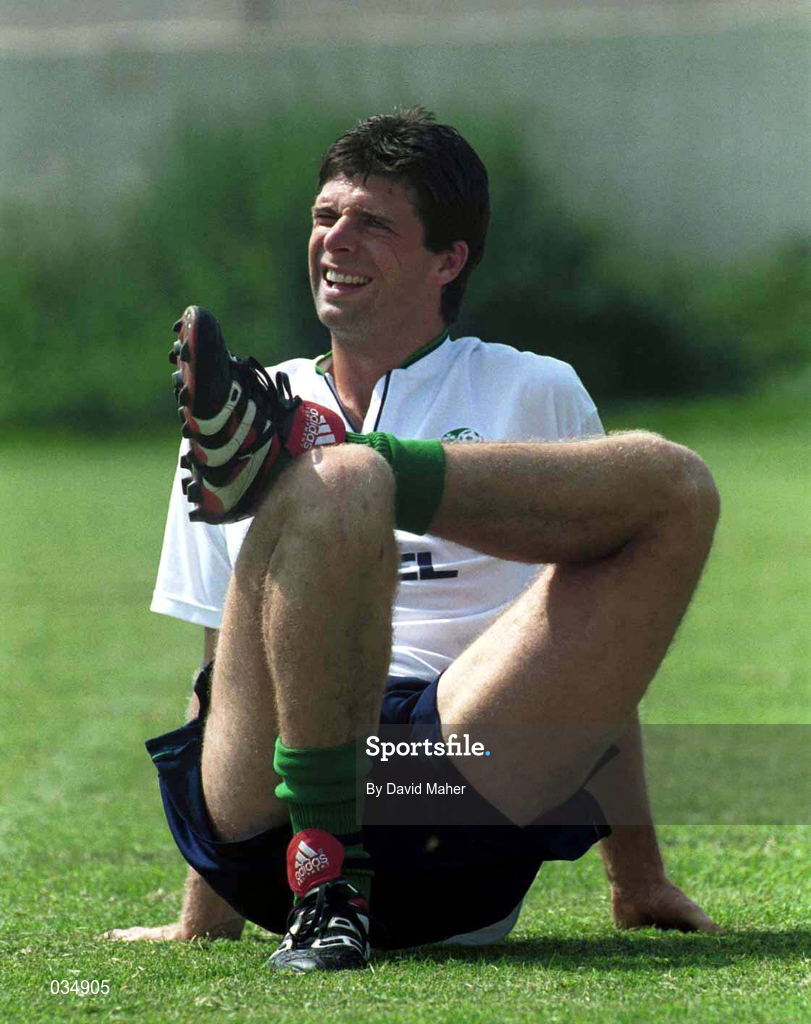 6 September 1999; Niall Quinn does some stretching exercises during a Republic of Ireland training session at Ta'Qali Stadium in Attard, Malta. Photo by David Maher/Sportsfile