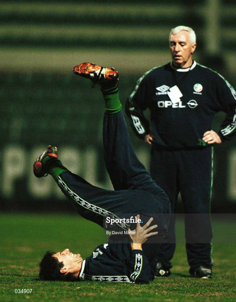 16 November 1999; Niall Quinn with team physio Mick Byrne during a Republic of Ireland training session at Veledrom Stadium in Bursa, Turkey. Photo by David Maher/Sportsfile