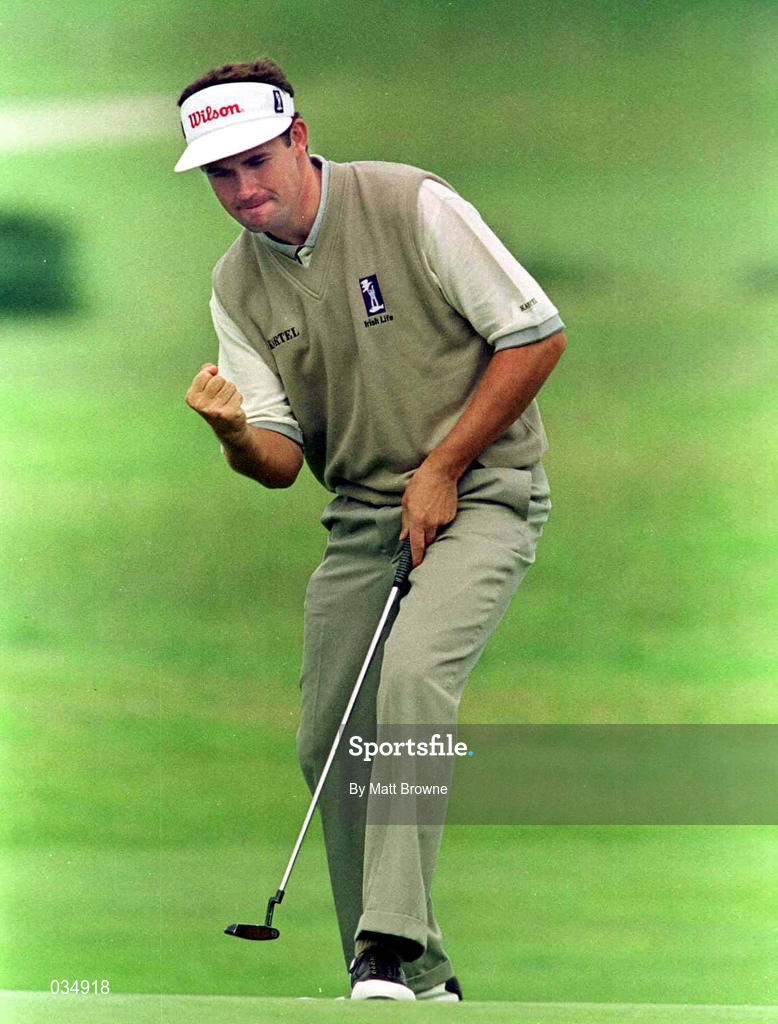12 August 1999; Padraig Harrington celebrates his putt on the 9th green to save par after being in the water and having to drop a shot during day one of the West of Ireland Golf Classic at the Galway Bay Golf & Country Club in Galway. Photo by Matt Browne/Sportsfile