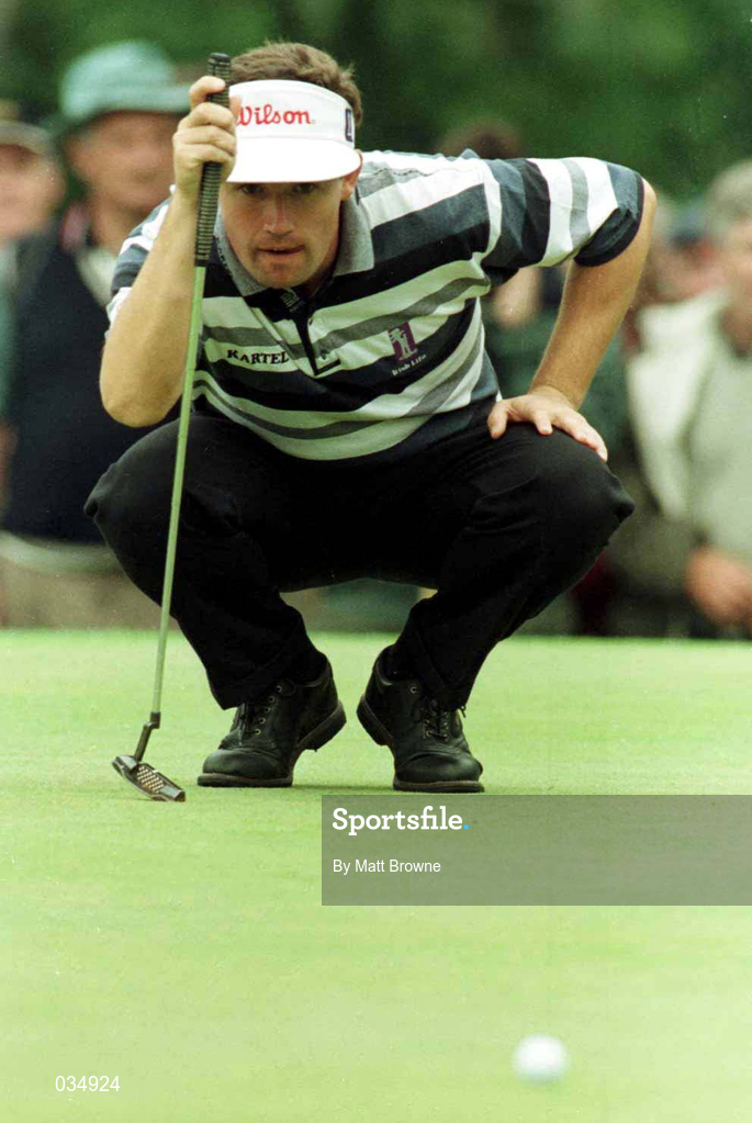 1 July 1999; Padraig Harrington lines up a put on the 10th green during day one of the Murphy's Irish Open at Druids Glen in Wicklow. Photo by Matt Browne/Sportsfile