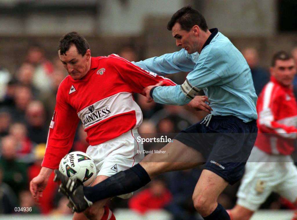 5 December 1999; John Caulfield of Cork City in action against Pat Scully of Shelbourne during the Eircom League Premier Division match between Cork City and Shelbourne at Turners Cross in Cork. Photo by David Maher/Sportsfile