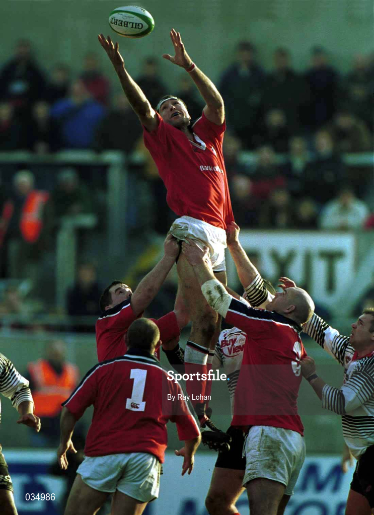 20 November 1999; John Langford of Munster wins possession in the line-out during the Heineken Cup Pool 4 Round 1 match between Munster and Pontypridd at Thomond Park in Limerick. Photo by Ray Lohan/Sportsfile