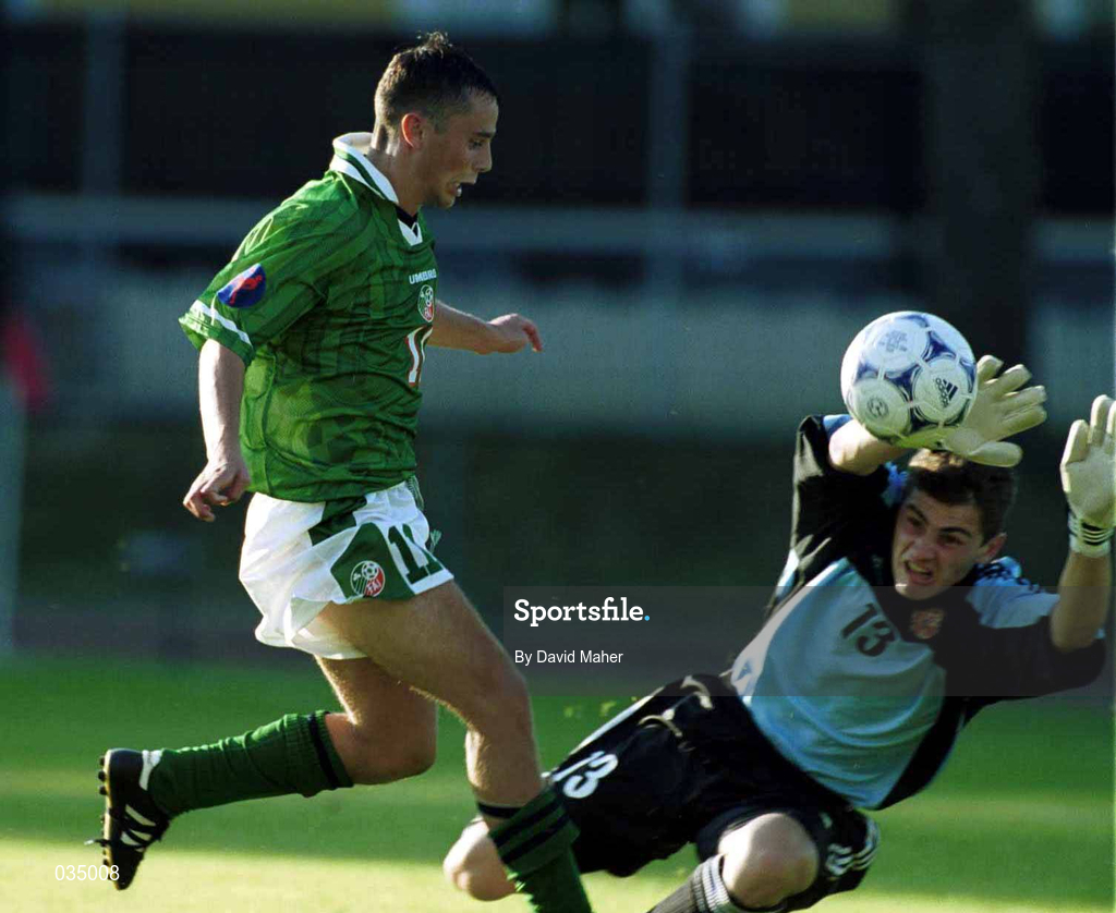 19 July 1999; Richie Partridge of Ireland about to be fouled by Spain goalkeeper Iker Casillas, which resulted in  a penalty kick being awarded, during the 1999 UEFA European Under 18 Championship Group B Round 1 match between Republic of Ireland and Spain at Kopparvallen Stadium in Atvidaberg, Sweden. Photo by David Maher/Sportsfile