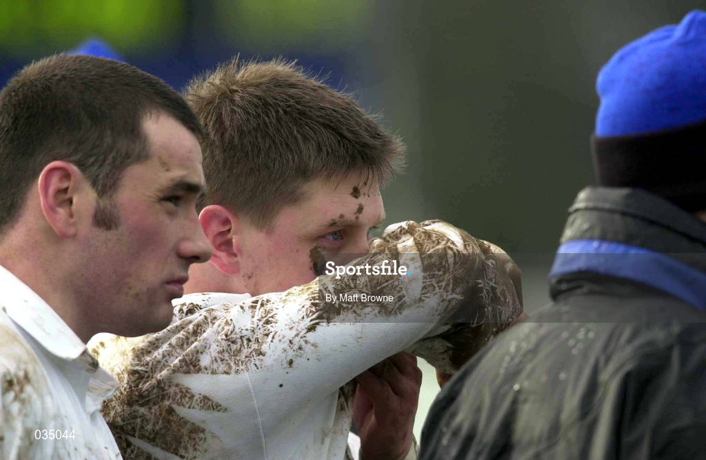 12 February 2000; Ronan O'Gara of Cork Constitution wipes muck off his face at half-time during the AIB League Division 1 match between Ballymena and Cork Constitution at Eaton Park in Ballymena, Antrim. Photo by Matt Browne/Sportsfile