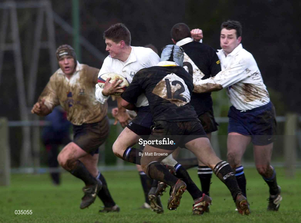 12 February 2000; Ronan O'Gara of Cork Constitution is tackled by Rhys Botha of Ballymena during the AIB League Division 1 match between Ballymena and Cork Constitution at Eaton Park in Ballymena, Antrim. Photo by Matt Browne/Sportsfile