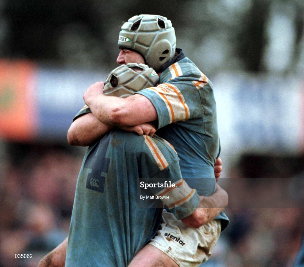 13 February 2000; Garryowen team-mates, and brothers, Shane Leahy, left, and Ross Leahy celebrate after the AIB All-Ireland League Division 1 match between Garryowen and Shannon at Dooradoyle in Limerick. Photo by Matt Browne/Sportsfile