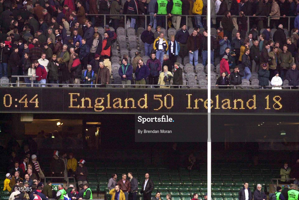 5 February 2000; A general view of the scoreboard after the Lloyds TSB 6 Nations match between England and Ireland at Twickenham Stadium in London, England. Photo by Brendan Moran/Sportsfile
