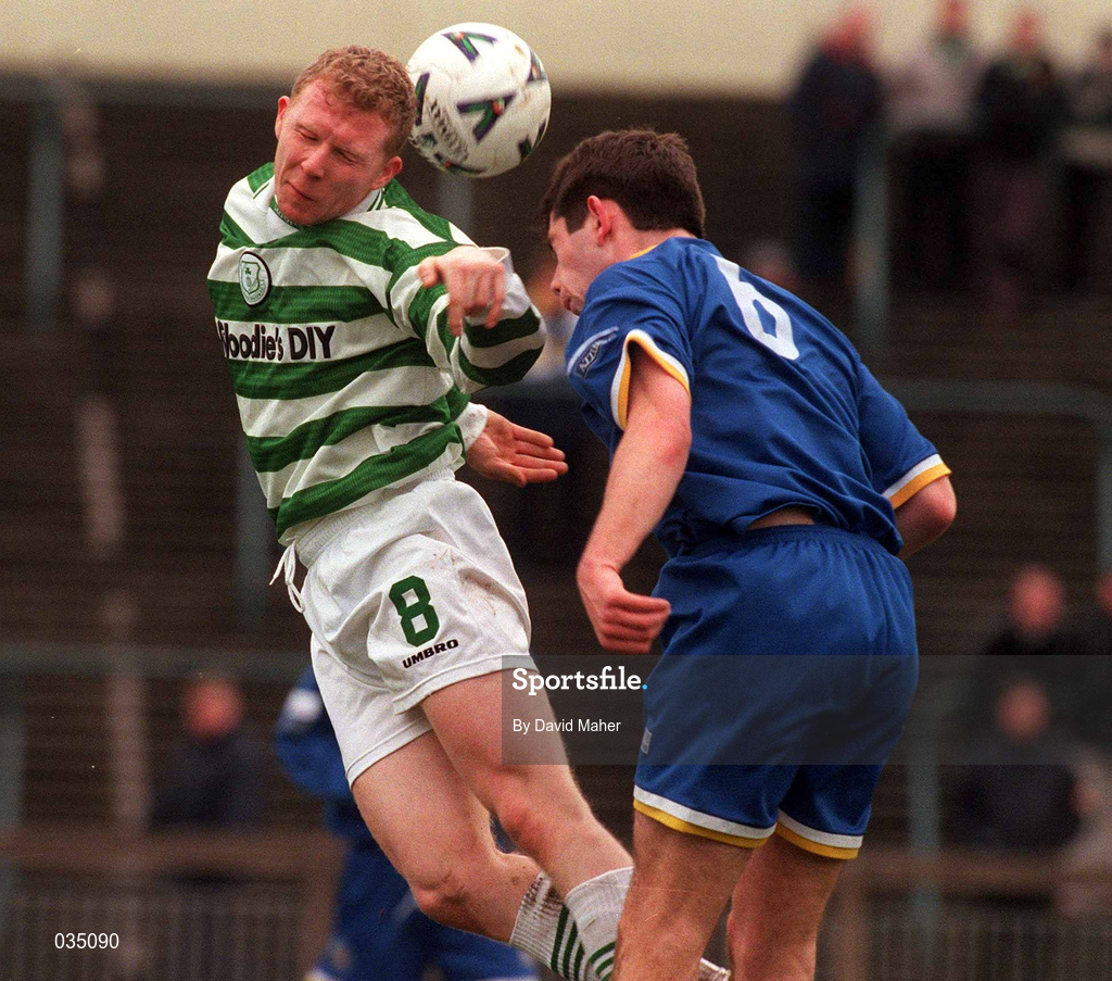 27 February 2000; Sean Francis of Shamrock Rovers in action against David Whittle of Waterford United during the Eircom League Premier Division match between Shamrock Rovers and Waterford United at Morton Stadium in Dublin. Photo by David Maher/Sportsfile